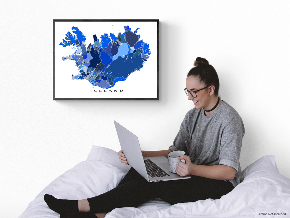 Iceland map art print in blue shapes designed by Maps As Art.