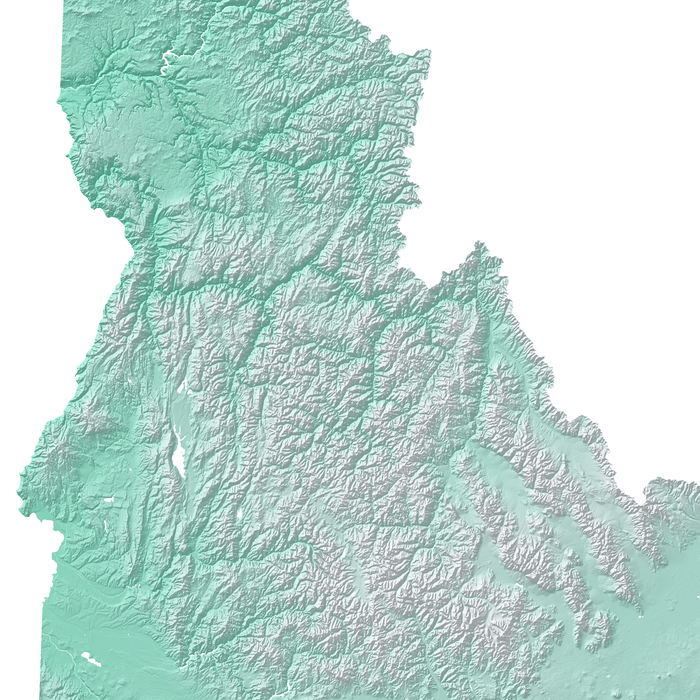 Idaho state map print with natural landscape in aqua tints designed by Maps As Art.