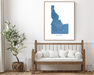 Idaho state map print with wooden bench home decor by Maps As Art.