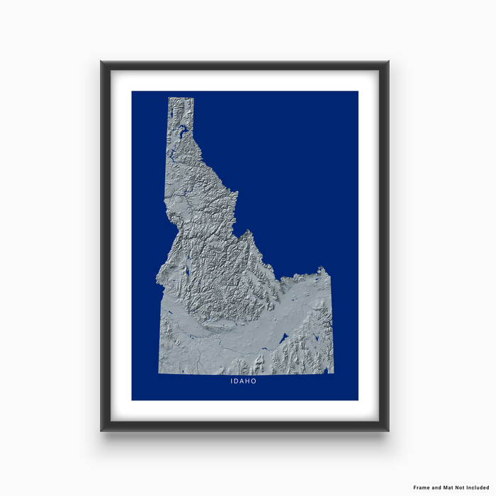 Idaho state map print with natural landscape in greyscale and a navy blue background designed by Maps As Art.