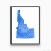 Idaho state map print with natural landscape and main roads in Blue designed by Maps As Art.