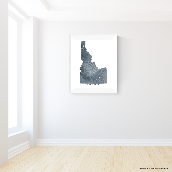 Idaho state map print with natural landscape and main roads in Slate designed by Maps As Art.