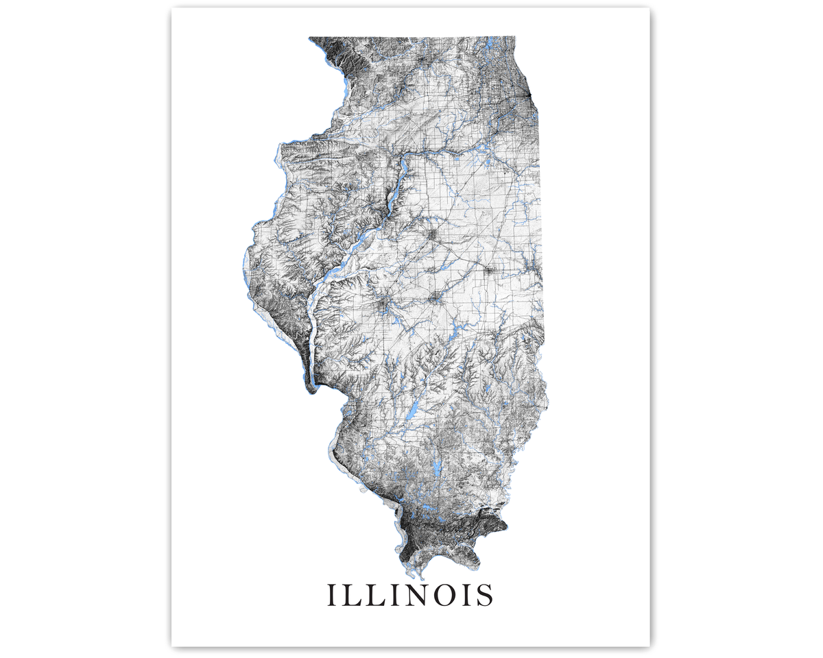 Illinois Map Print Poster - Black and White Topographic IL State Wall ...