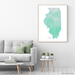 Illinois state map print with natural landscape in aqua tints designed by Maps As Art.