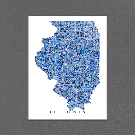 Illinois state map art print in blue shapes designed by Maps As Art.