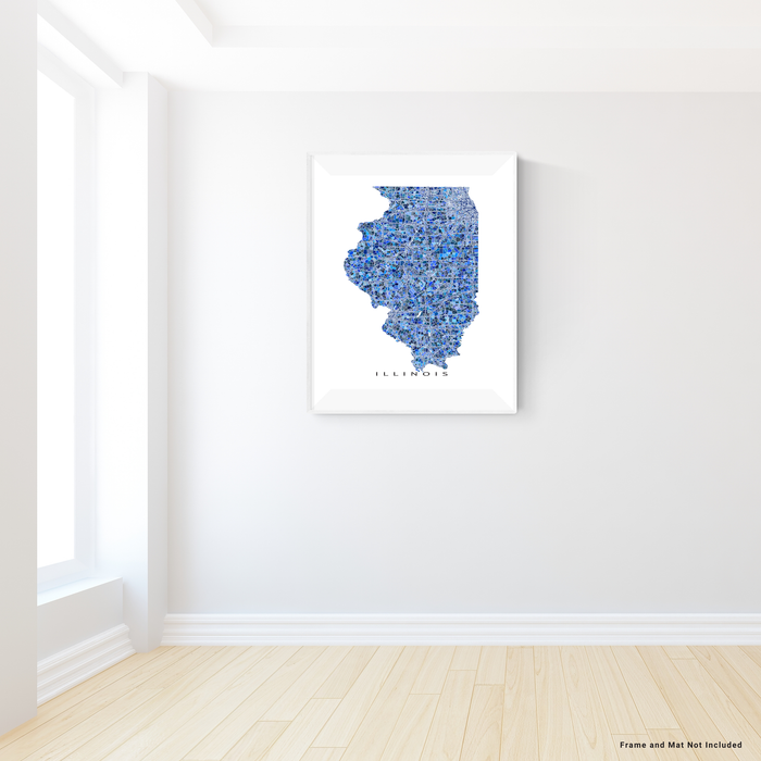 Illinois state map art print in blue shapes designed by Maps As Art.