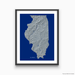 Illinois state map print with natural landscape in greyscale and a navy blue background designed by Maps As Art.