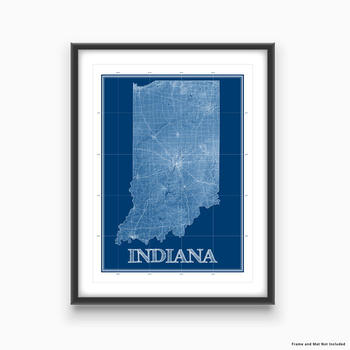 Indiana state blueprint map art print designed by Maps As Art.