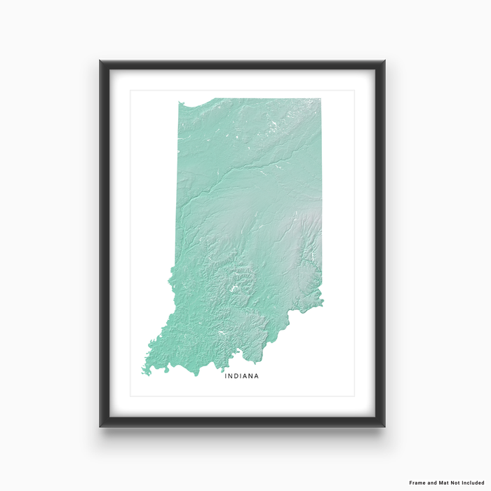 Indiana state map print with natural landscape in aqua tints designed by Maps As Art.