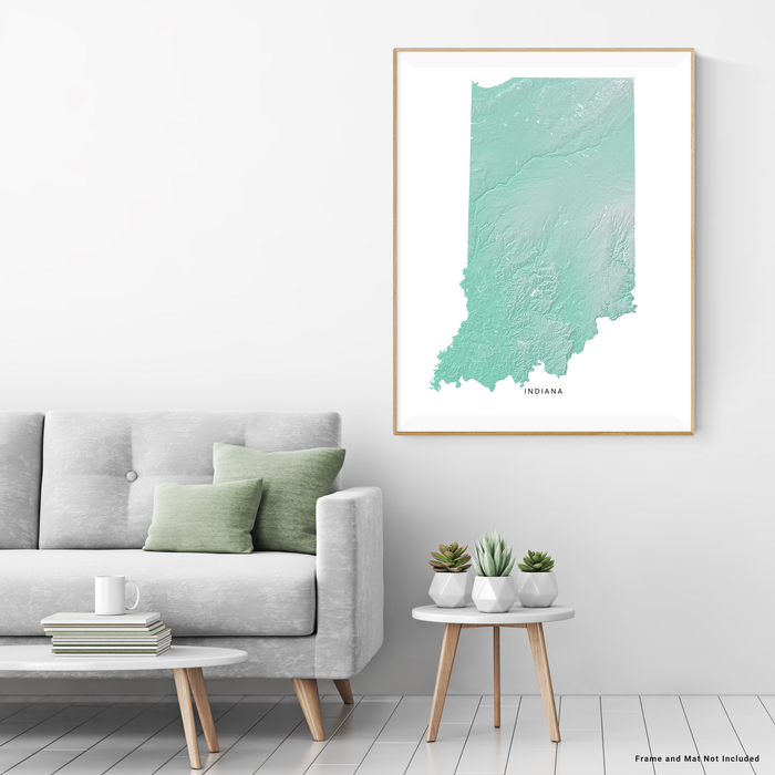 Indiana state map print with natural landscape in aqua tints designed by Maps As Art.
