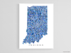 Indiana map art print in blue shapes designed by Maps As Art.