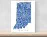 Indiana map art print in blue shapes designed by Maps As Art.