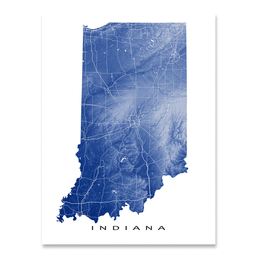 Indiana map print with natural landscape and main roads in Navy designed by Maps As Art.