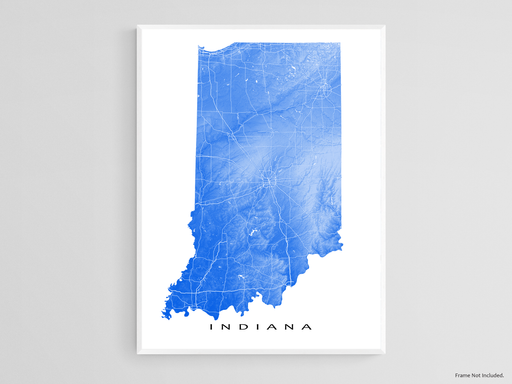 Indiana map print with natural landscape and main roads designed by Maps As Art.