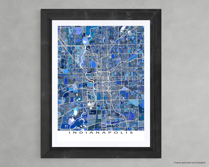 Indianapolis, Indiana map art print in blue shapes designed by Maps As Art.