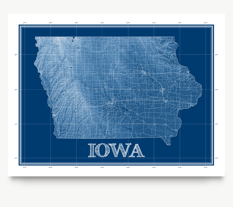Iowa state blueprint map art print designed by Maps As Art.