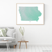 Iowa state map print with natural landscape in aqua tints designed by Maps As Art.