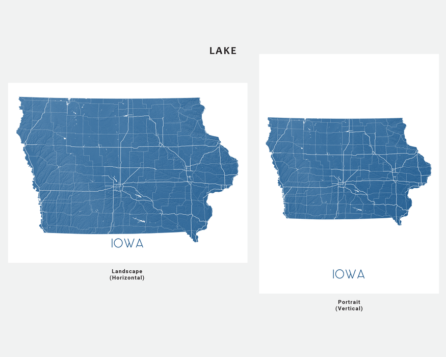Iowa map art print in Lake by Maps As Art.