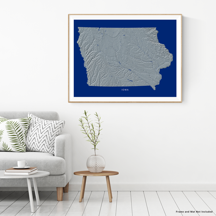 Iowa state map print with natural landscape in greyscale and a navy blue background designed by Maps As Art.