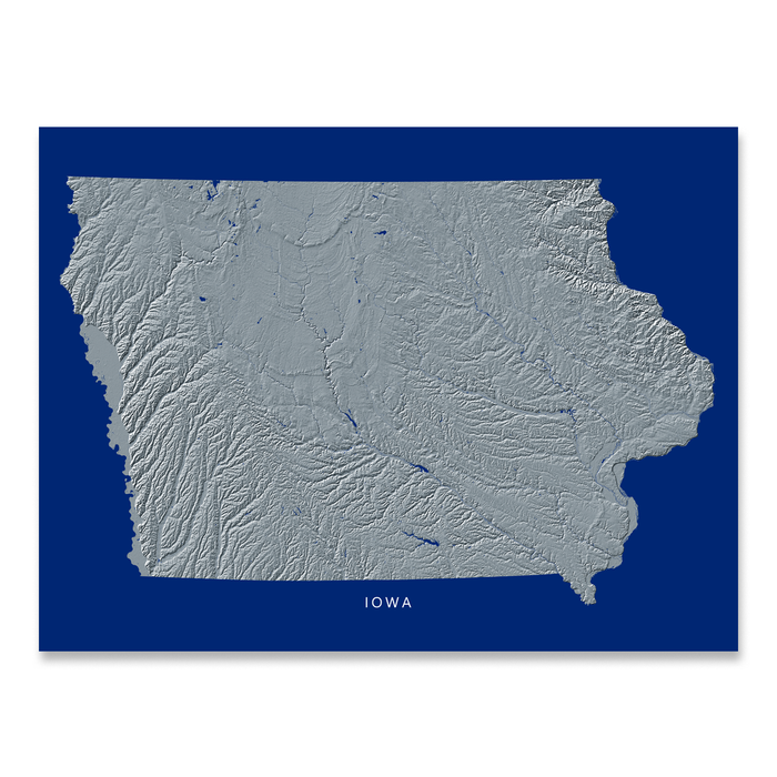 Iowa state map print with natural landscape in greyscale and a navy blue background designed by Maps As Art.