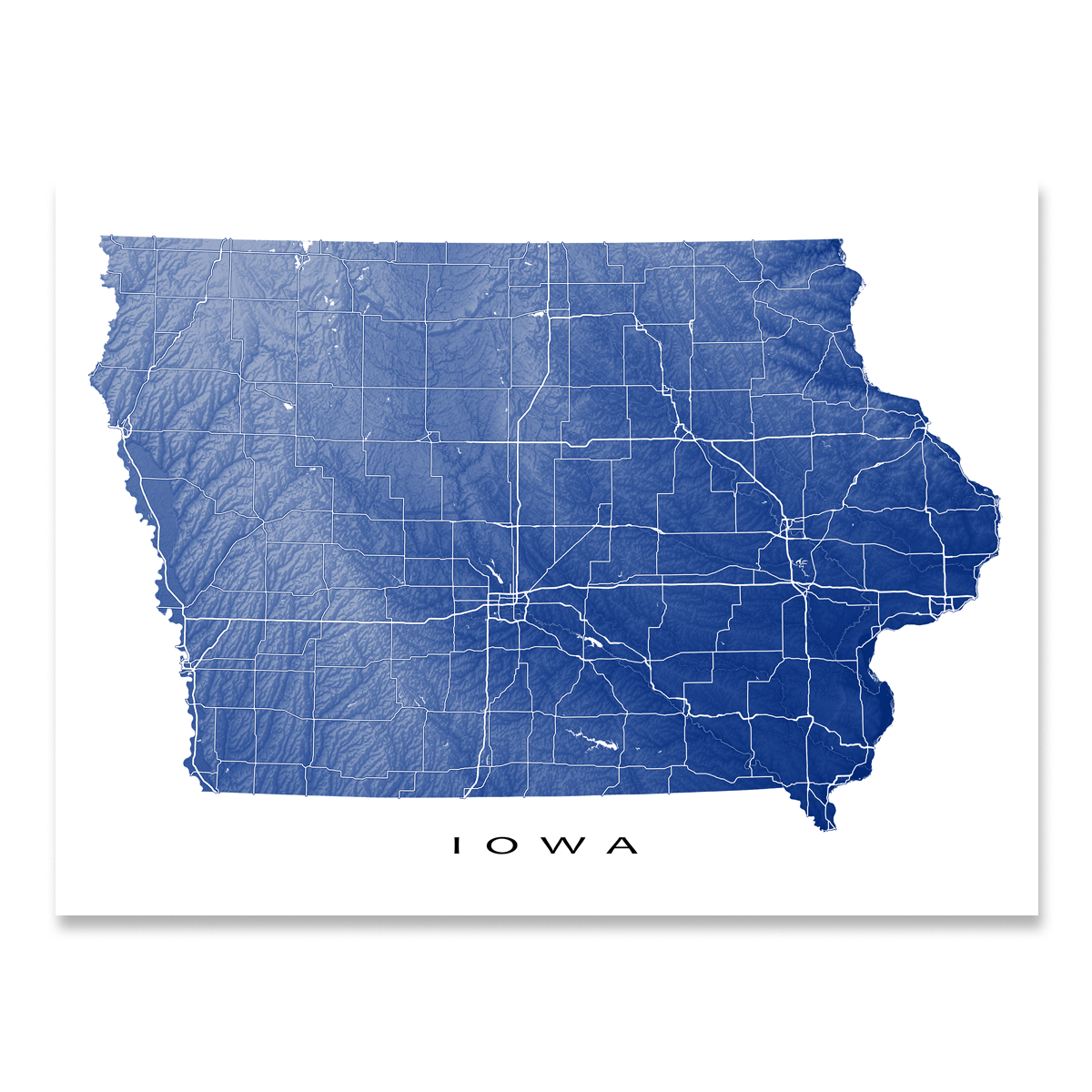 Iowa State Topographic Map Wall Art Print Poster with Roads — Maps As Art