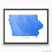Iowa state map print with natural landscape and main roads in Blue designed by Maps As Art.