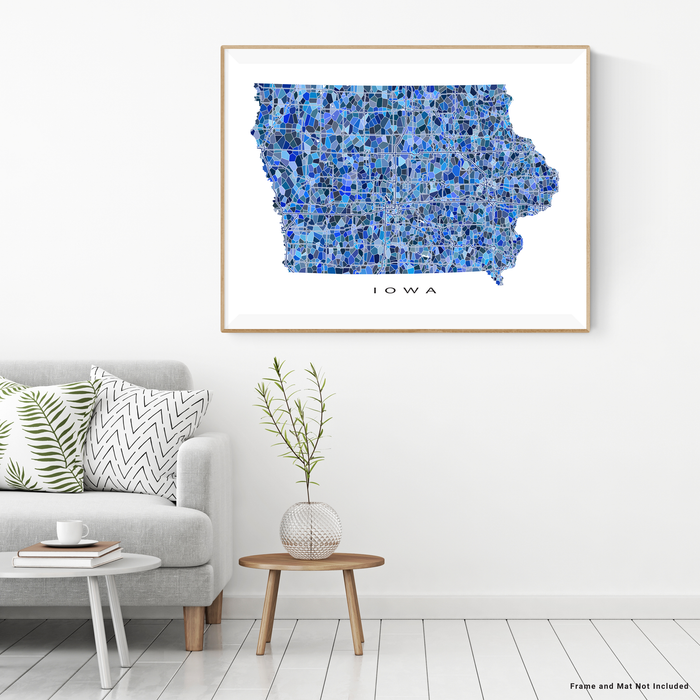Iowa state map art print in blue shapes designed by Maps As Art.