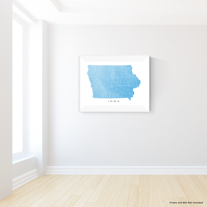 Iowa state map print with natural landscape and main roads in Malibu designed by Maps As Art.