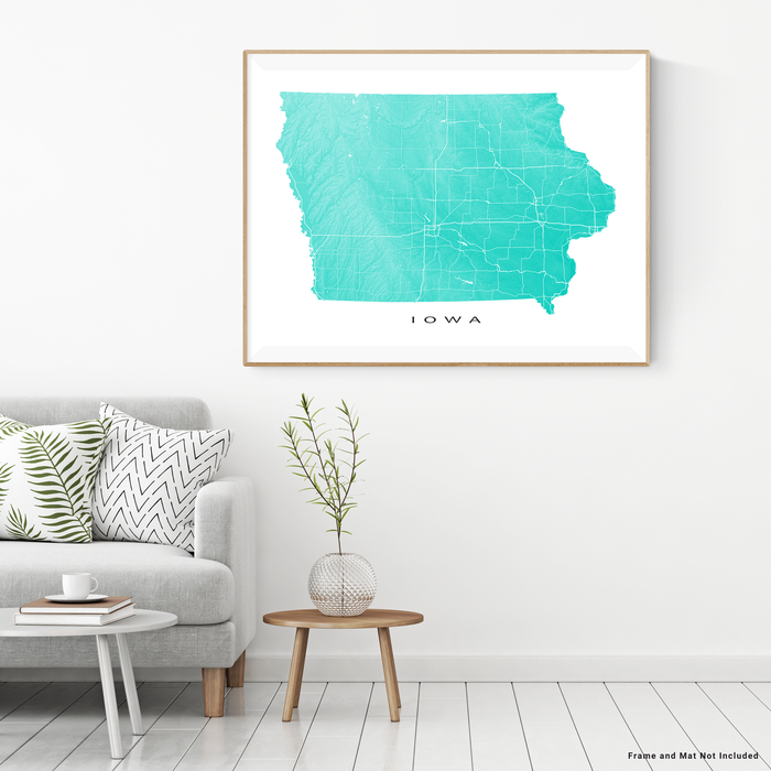 Iowa state map print with natural landscape and main roads in Turquoise designed by Maps As Art.