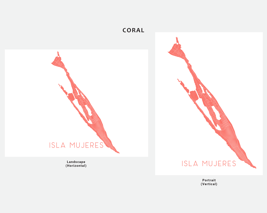 Isla Mujeres Mexico map print in Coral by Maps As Art.