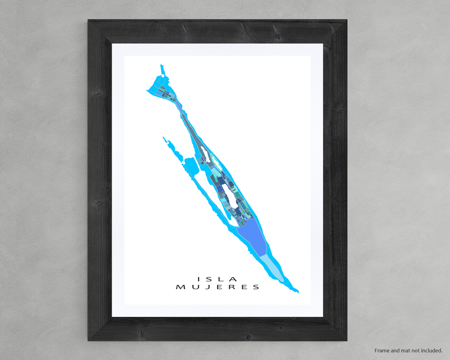 Isla Mujeres, Mexico map art print in blue, aqua and turquoise shapes designed by Maps As Art.