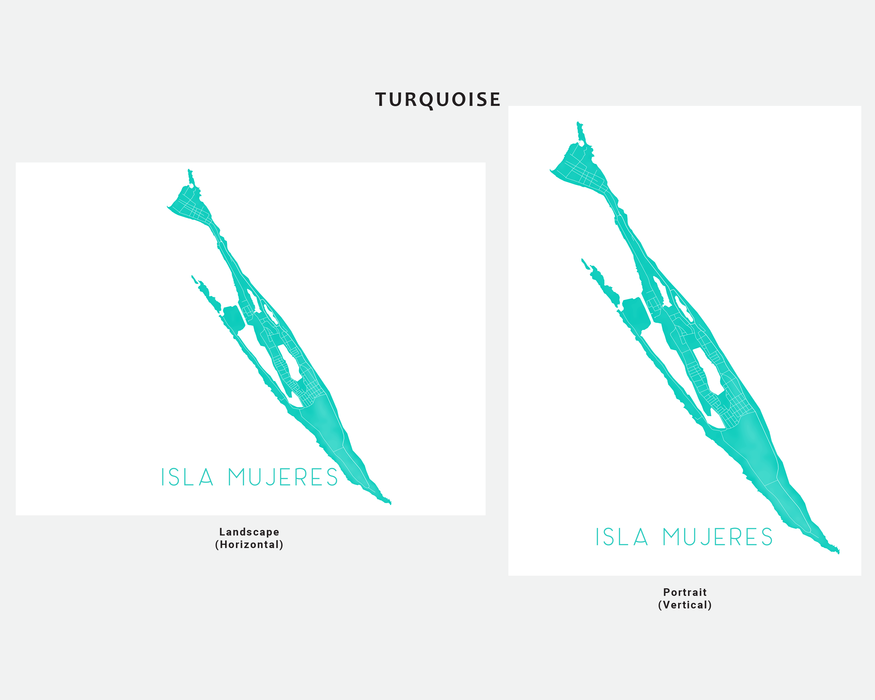 Isla Mujeres Mexico map print in Turquoise by Maps As Art.