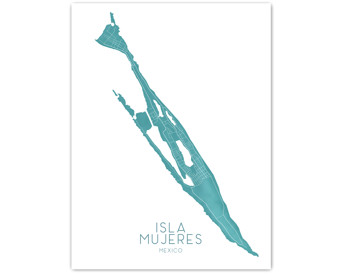 Isla Mujeres Mexico Map Print Poster, Turquoise Island Wall Art Street ...