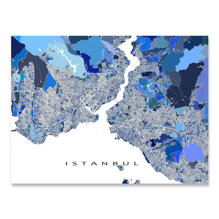 Istanbul, Turkey map art print in blue shapes designed by Maps As Art.