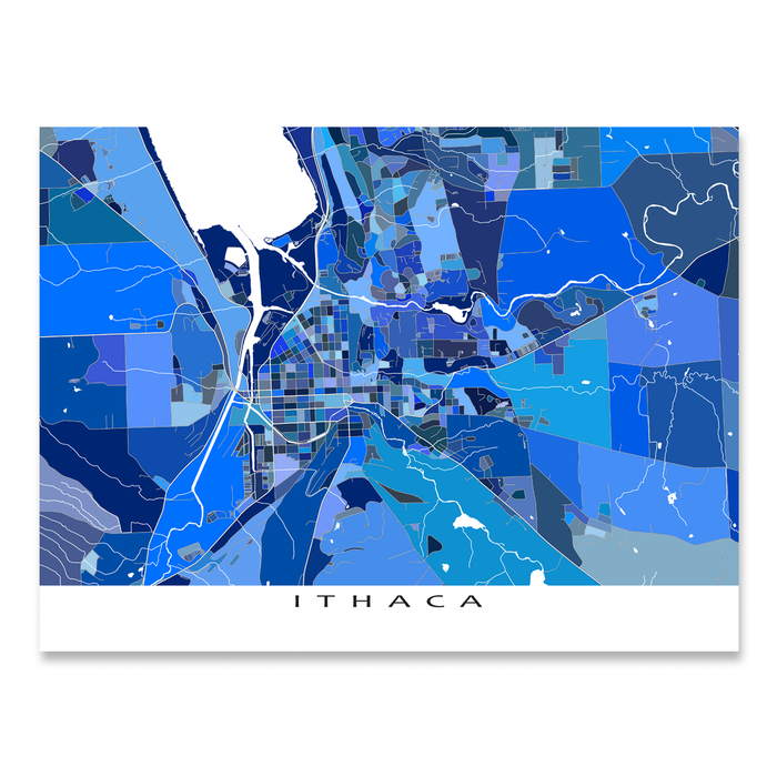 Ithaca, New York map art print in blue shapes designed by Maps As Art.