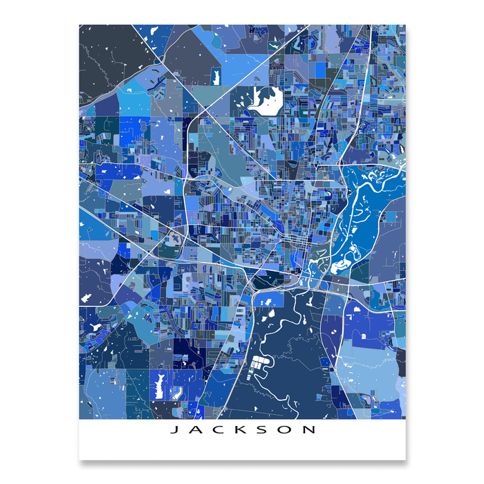 Jackson, Mississippi map art print in blue shapes designed by Maps As Art.