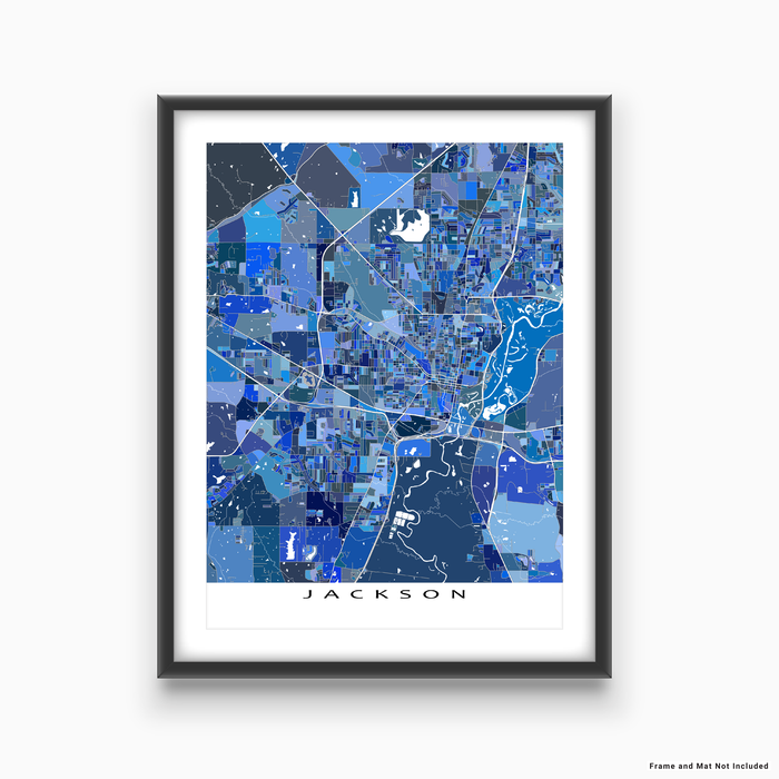 Jackson, Mississippi map art print in blue shapes designed by Maps As Art.