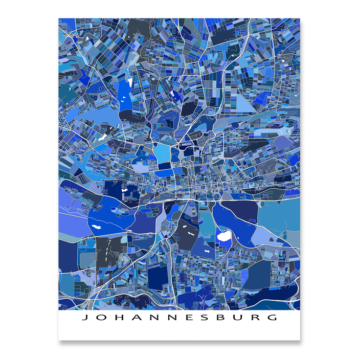 Johannesburg, South Africa map art print in blue shapes designed by Maps As Art.