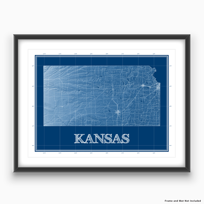 Kansas state blueprint map art print designed by Maps As Art.