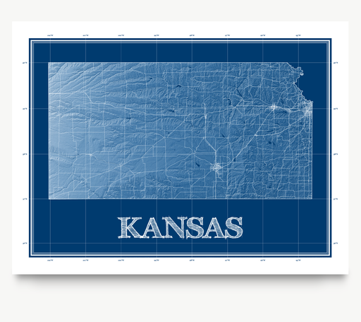 Kansas state blueprint map art print designed by Maps As Art.