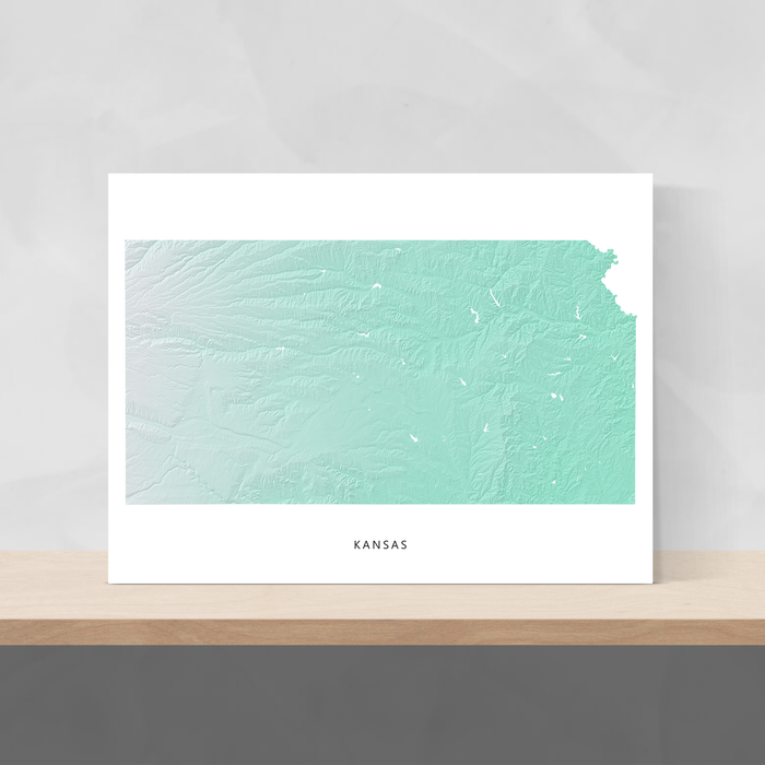 Kansas state map print with natural landscape in aqua tints designed by Maps As Art.