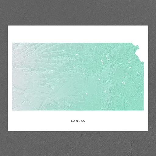 Kansas state map print with natural landscape in aqua tints designed by Maps As Art.
