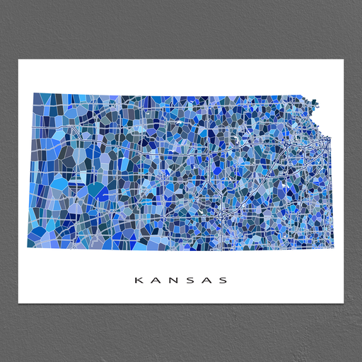 Kansas state map art print in blue shapes designed by Maps As Art.
