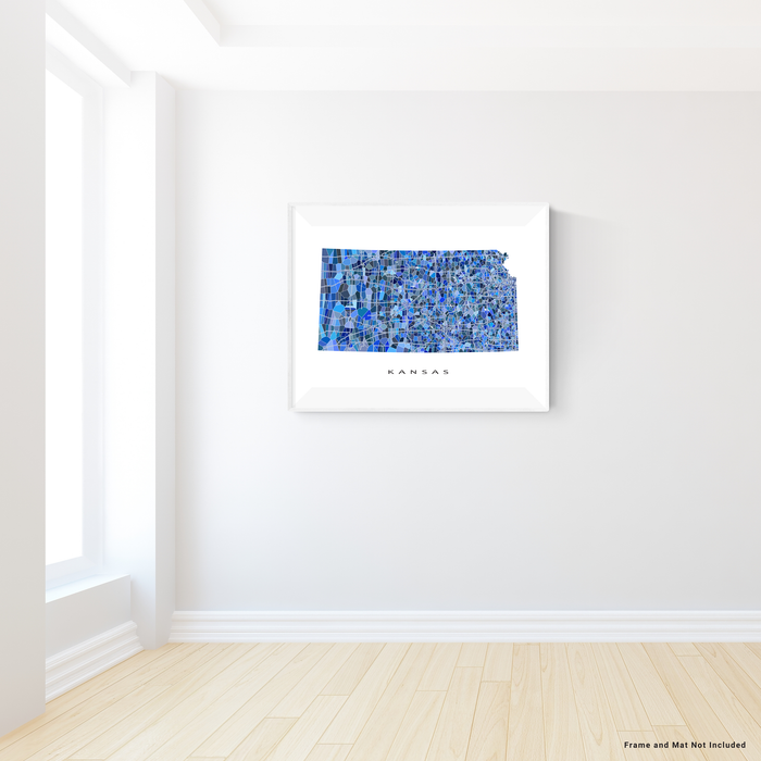 Kansas state map art print in blue shapes designed by Maps As Art.