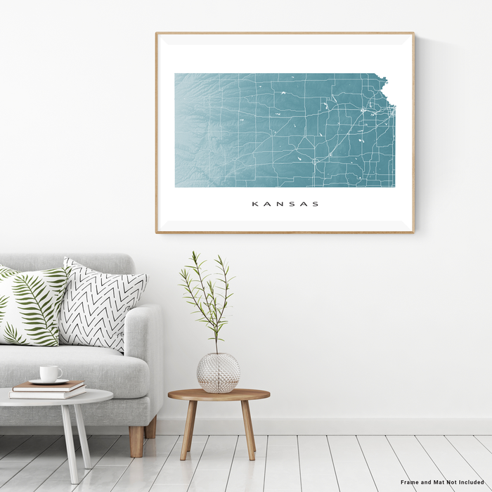 Kansas state map print with natural landscape and main roads in Marine designed by Maps As Art.