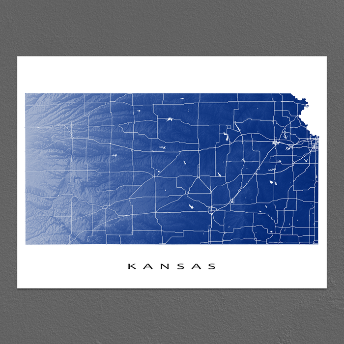 Kansas state map print with natural landscape and main roads in Navy designed by Maps As Art.
