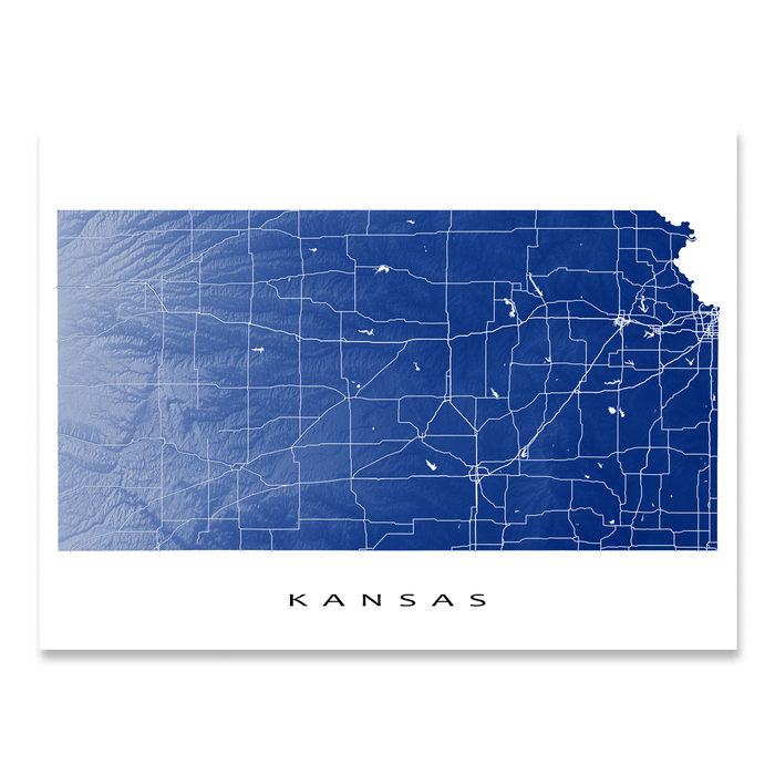Kansas state map print with natural landscape and main roads in Navy designed by Maps As Art.