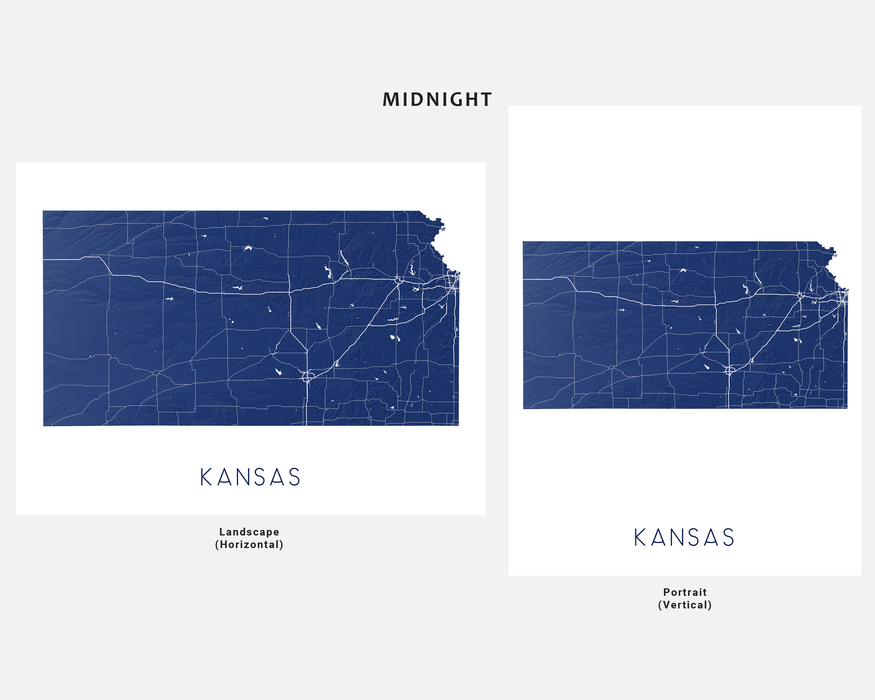 Kansas state map print with a 3D topographic landscape design by Maps As Art.