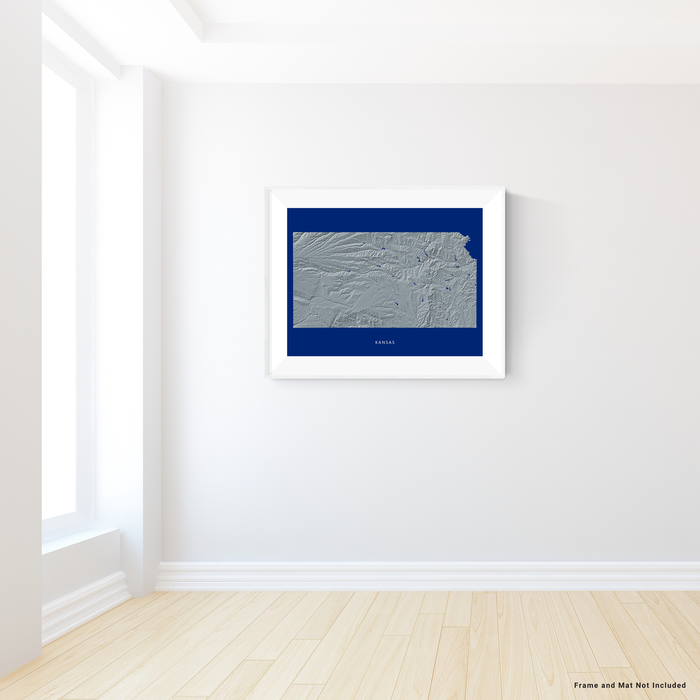 Kansas state map print with natural landscape in greyscale and a navy blue background designed by Maps As Art.