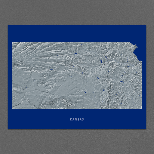 Kansas state map print with natural landscape in greyscale and a navy blue background designed by Maps As Art.